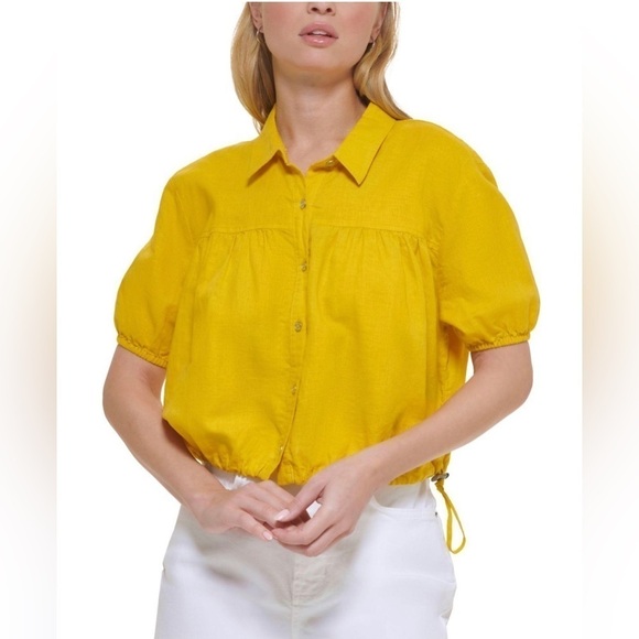 DKNY Short Sleeve Elastic Waist Crop Top in Yellow - Picture 1 of 6